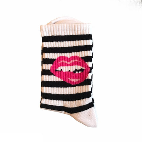 Soxey Double Stripe Mouth Kiss Damen Socken - Weiss/Schwarz/Mund/Kuss